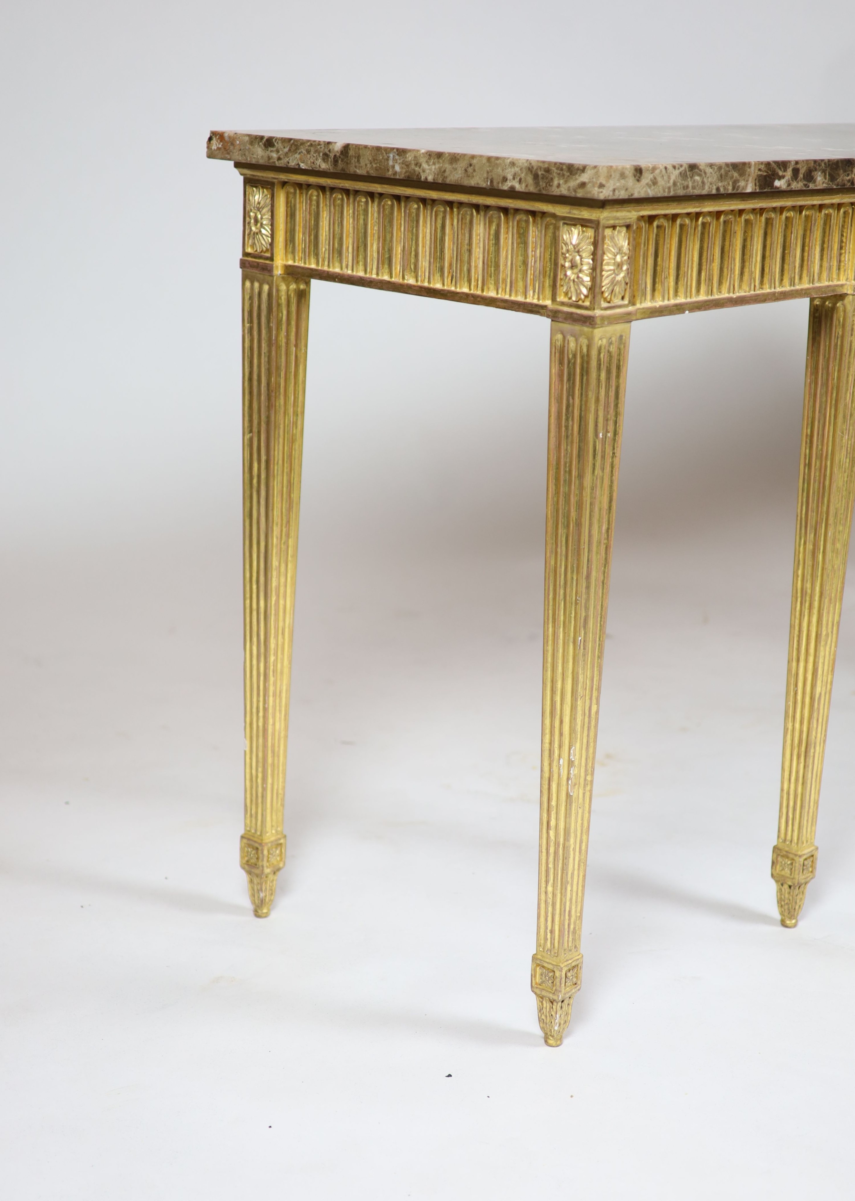 An Adam style giltwood marble topped console table, length 187cm, depth 54cm, height 90cm